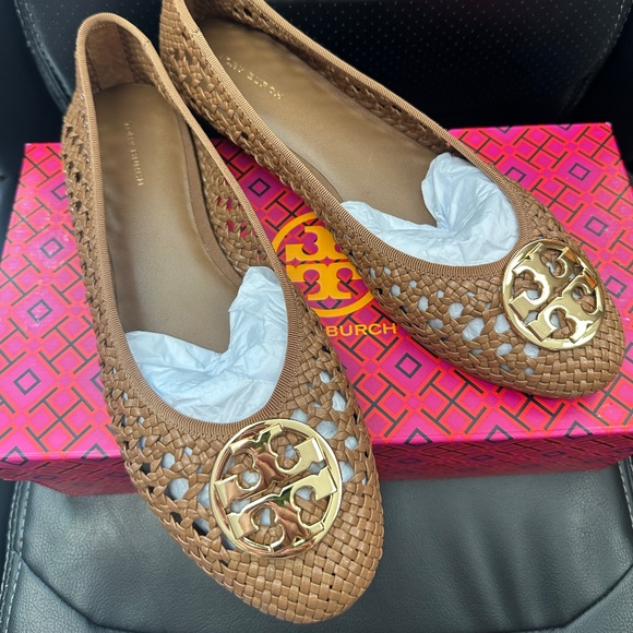 NIB!Tory Burch 147801 Women's Chelsea Woven Cap Toe Ballet Flats In Moose Size10 - Picture 1 of 8